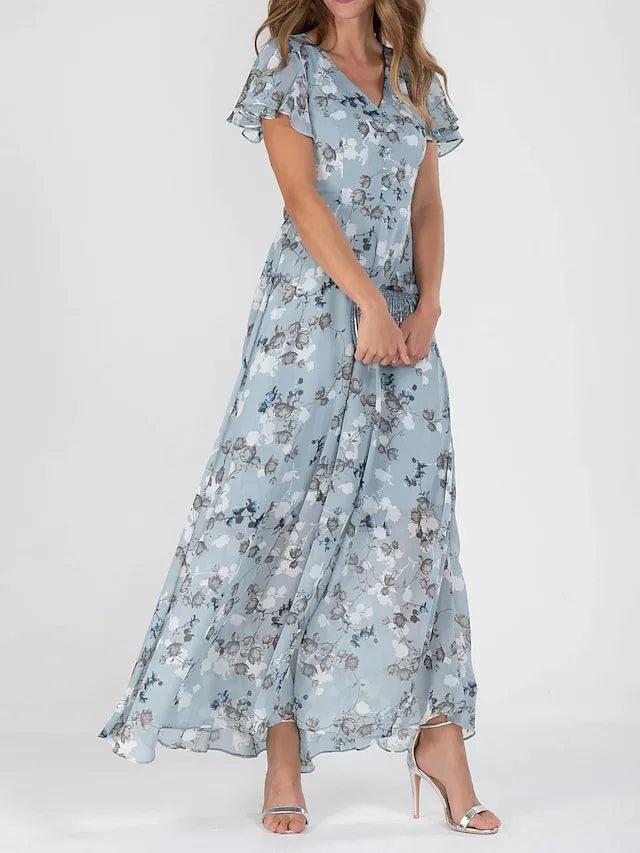 Fiona – Floral Chiffon Maxi Dress with Flutter Sleeves