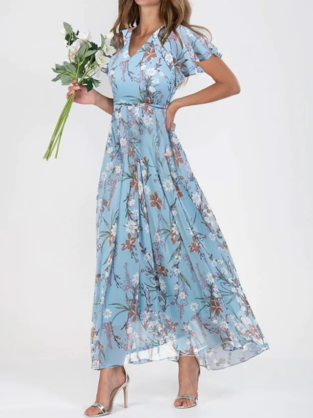 Fiona – Floral Chiffon Maxi Dress with Flutter Sleeves