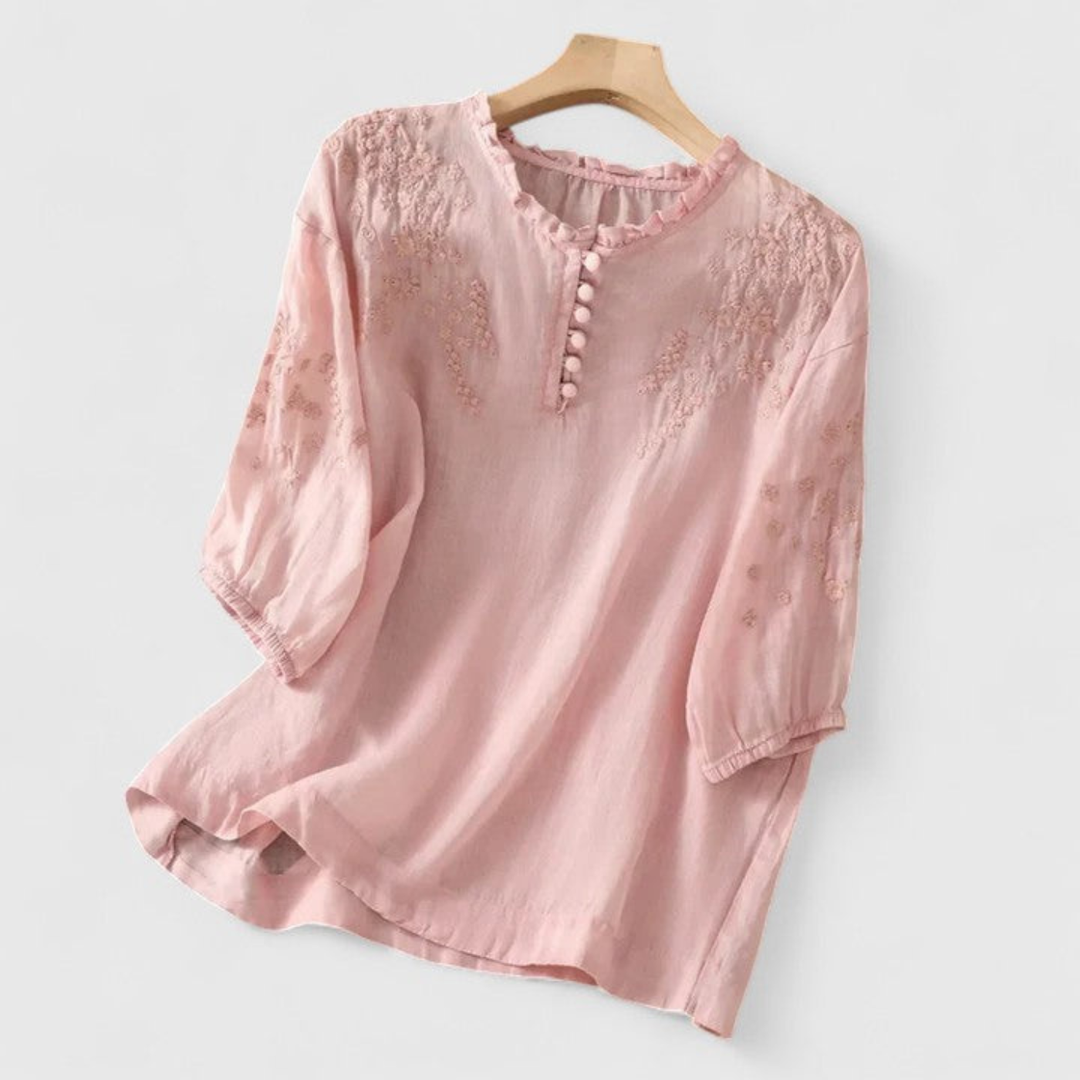 Delilah – Linen Blouse with Embroidered Ruffle Collar and Pom-Poms