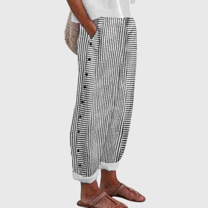Indie – Cotton Stripe Straight-Leg Pants with Side Buttons