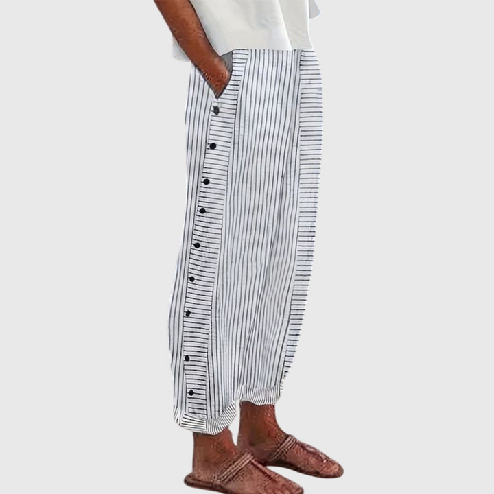 Indie – Cotton Stripe Straight-Leg Pants with Side Buttons