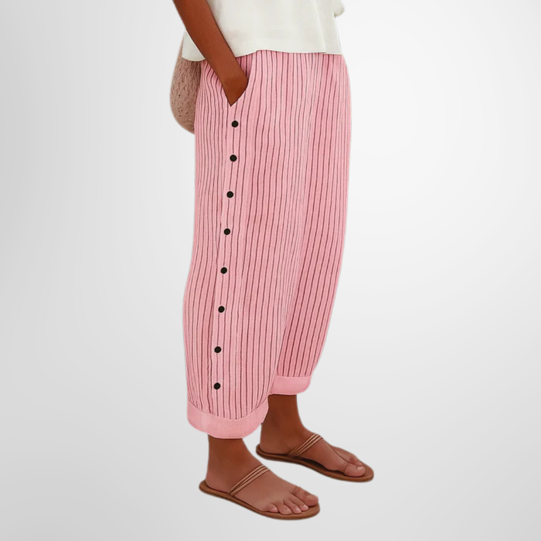 Indie – Cotton Stripe Straight-Leg Pants with Side Buttons