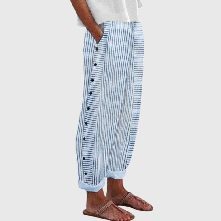 Indie – Cotton Stripe Straight-Leg Pants with Side Buttons