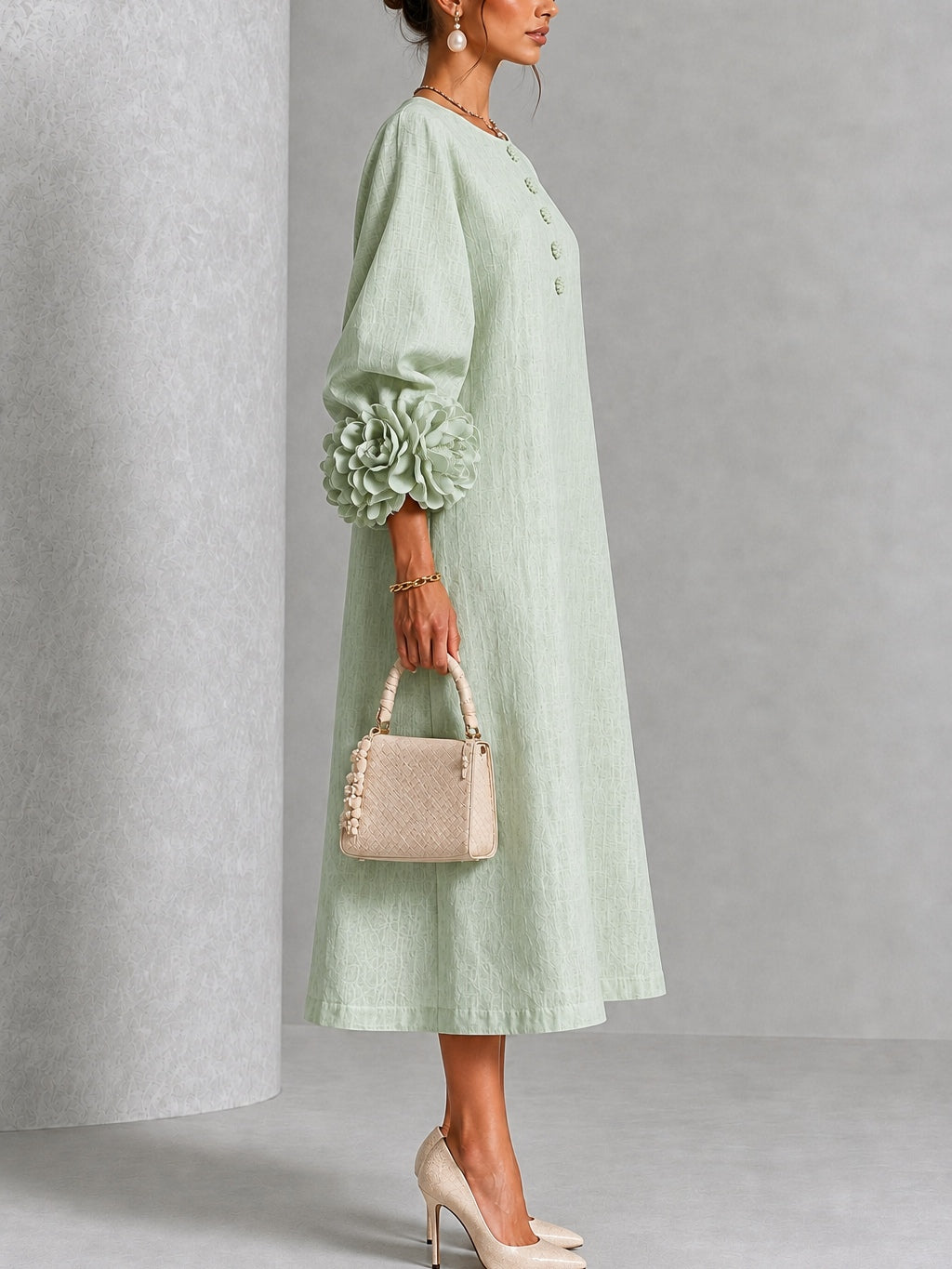 Daphne – Midi Dress with Floral Cuff Detail