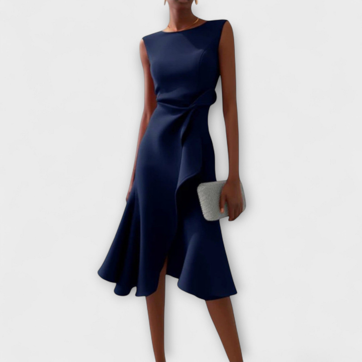 Annabel – Sleeveless Knot Front Ruffle Midi Dress