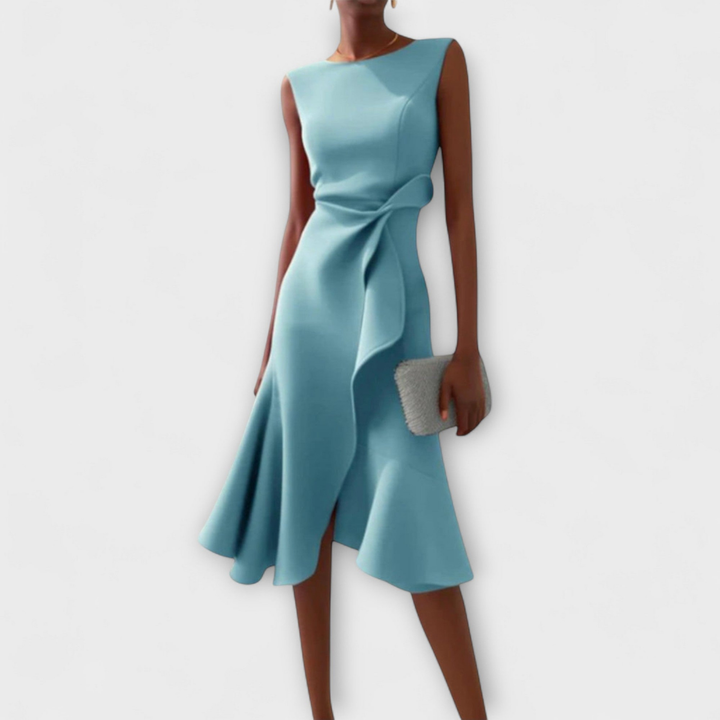 Annabel – Sleeveless Knot Front Ruffle Midi Dress