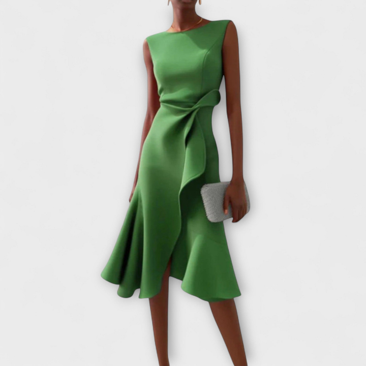 Demi – Sleeveless Knot-Detail Ruffle Midi Dress