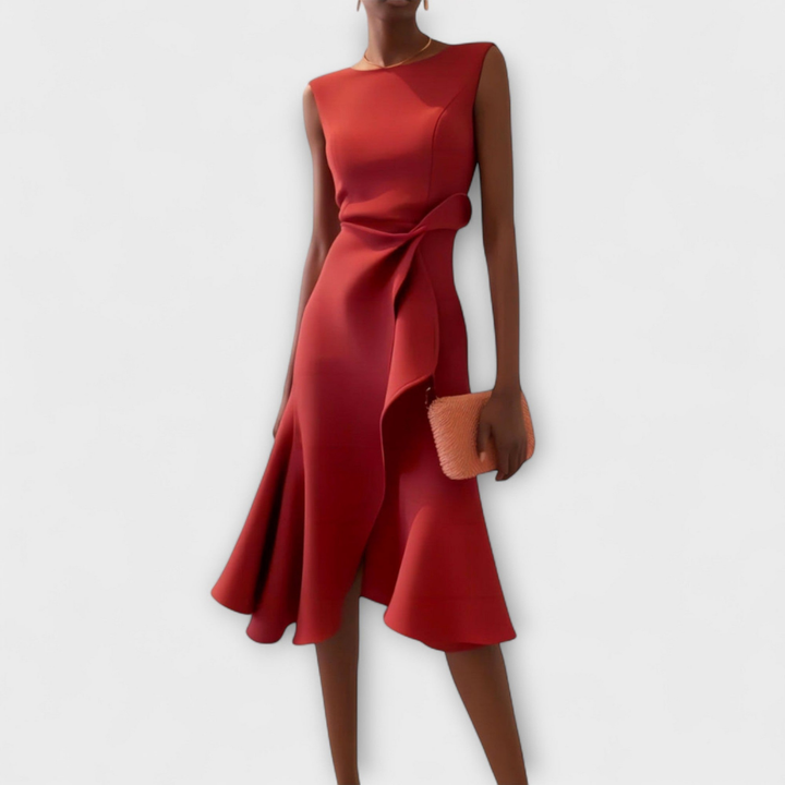 Annabel – Sleeveless Knot Front Ruffle Midi Dress