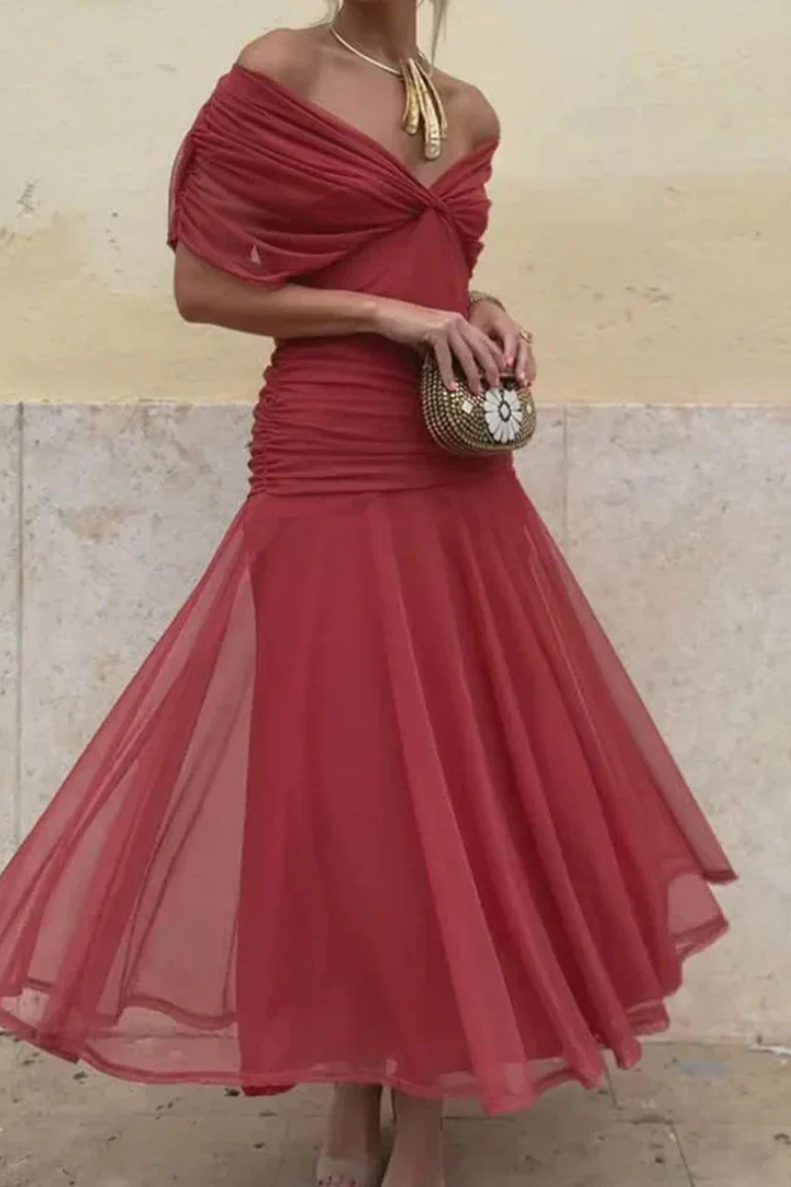 Demi – Off-Shoulder Ruched Twist-Front Chiffon Midi Dress