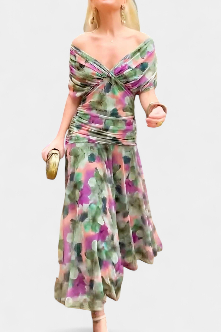 Demi – Off-Shoulder Ruched Twist-Front Chiffon Midi Dress
