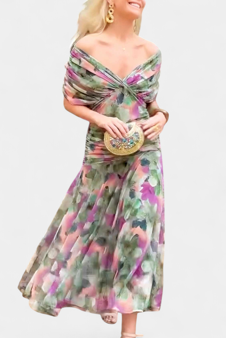 Demi – Off-Shoulder Ruched Twist-Front Chiffon Midi Dress