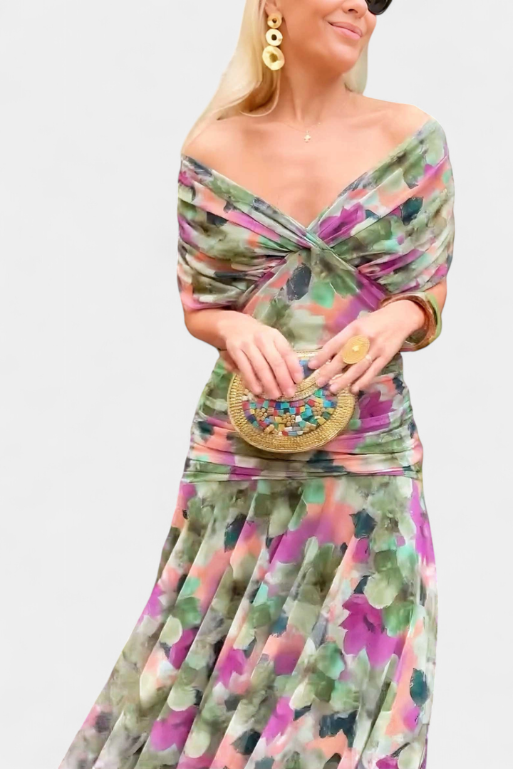Lara – Off-Shoulder Ruched Chiffon Midi Dress