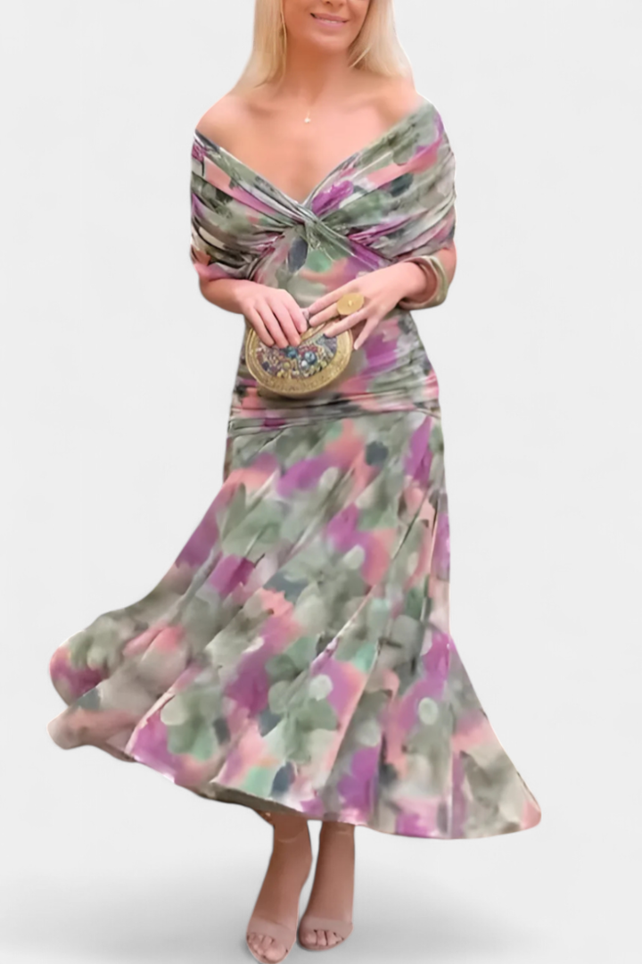Lara – Off-Shoulder Ruched Chiffon Midi Dress