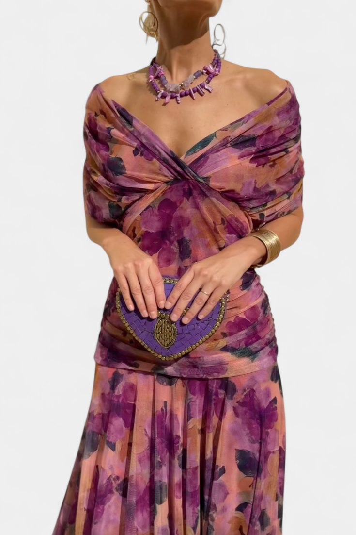 Demi – Off-Shoulder Ruched Twist-Front Chiffon Midi Dress