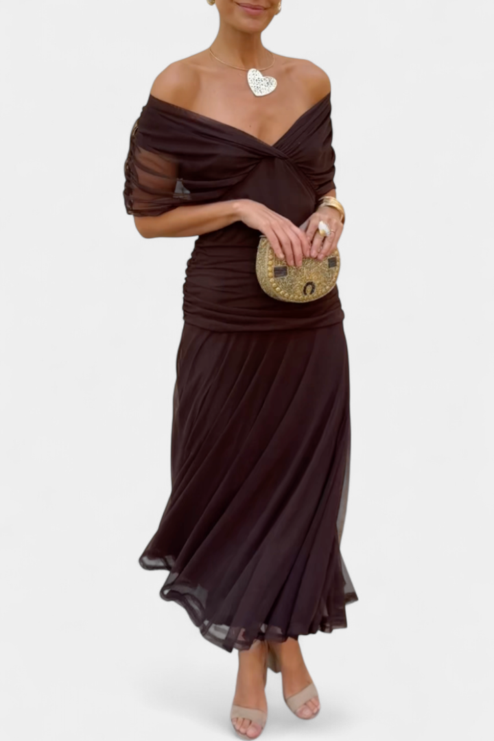 Lara – Off-Shoulder Ruched Chiffon Midi Dress