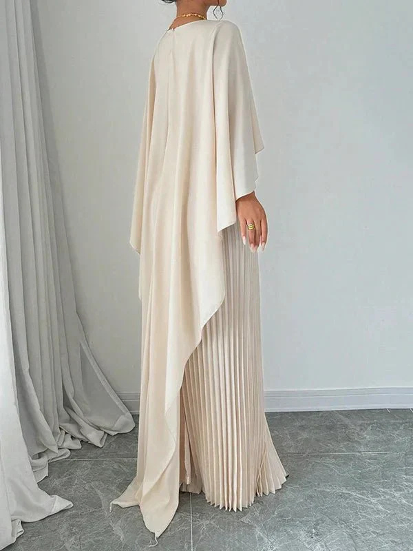 Delilah – Satin Pleated Cape Maxi Dress