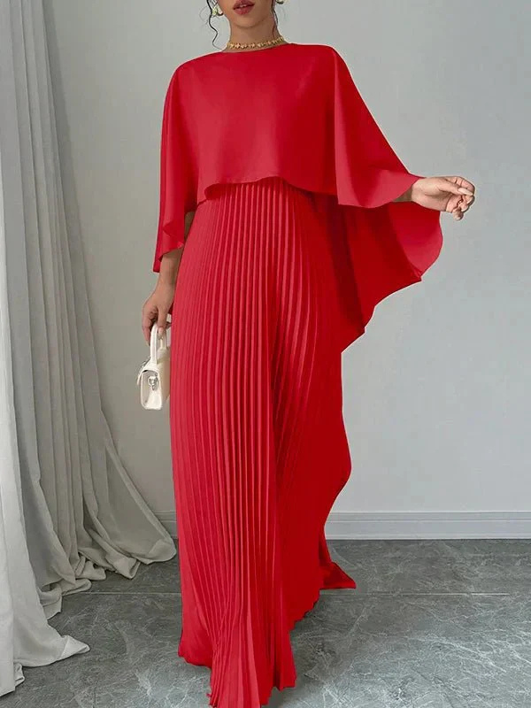 Delilah – Satin Pleated Cape Maxi Dress