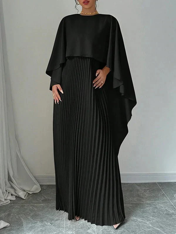 Elsie – Satin Maxi Dress with Cape and Pleats
