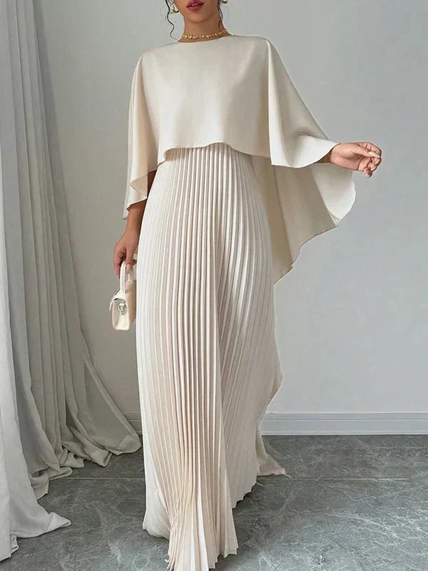 Delilah – Satin Pleated Cape Maxi Dress