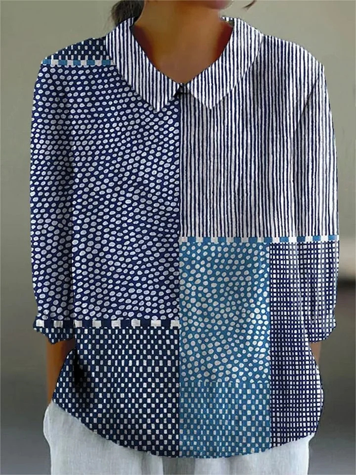 Daphne – Blue Cotton Patchwork Collared Shirt