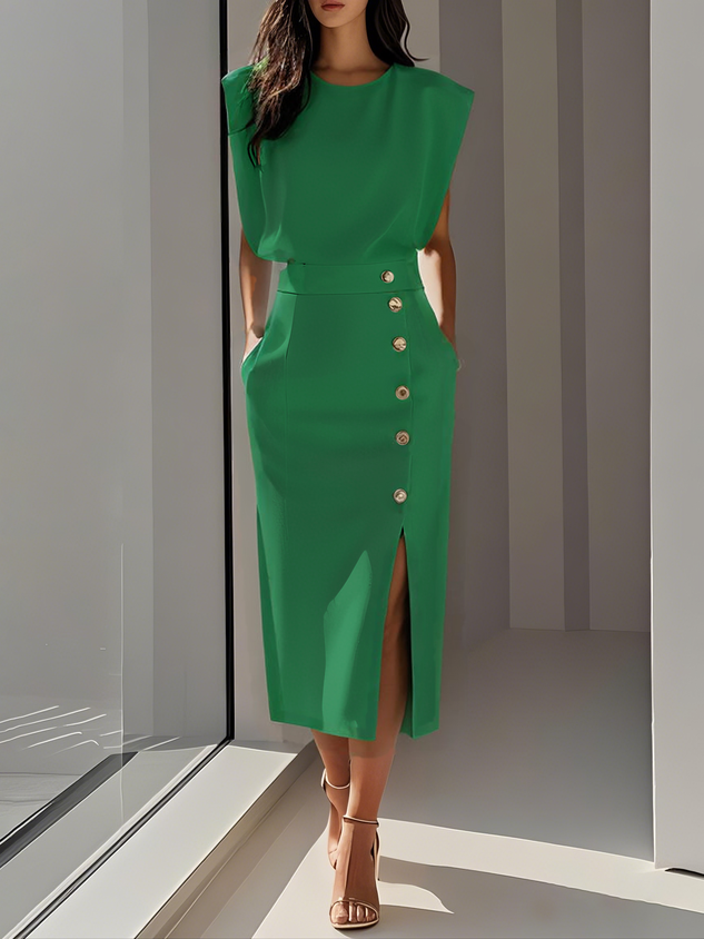Demi – Sleeveless Stretch Midi Dress with Front Buttons and Side Slit