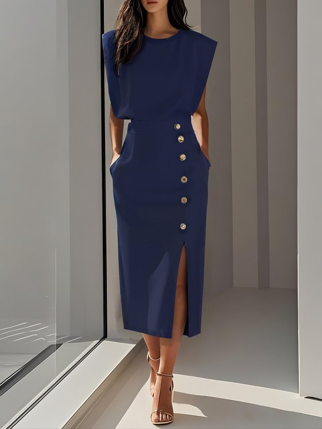 Demi – Sleeveless Stretch Midi Dress with Front Buttons and Side Slit