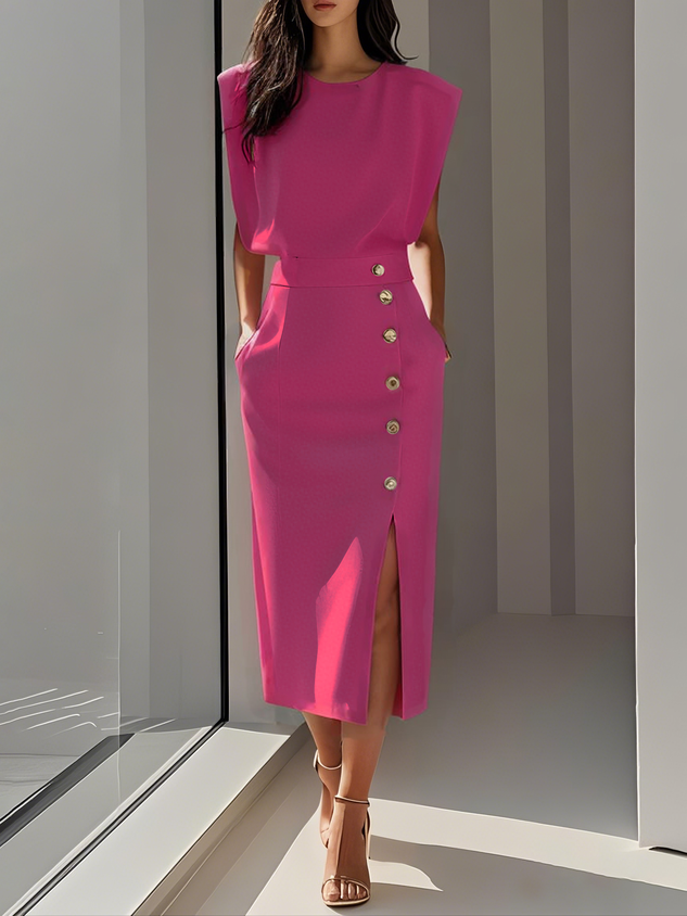 Demi – Sleeveless Stretch Midi Dress with Front Buttons and Side Slit