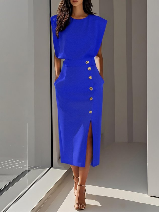 Demi – Sleeveless Stretch Midi Dress with Front Buttons and Side Slit