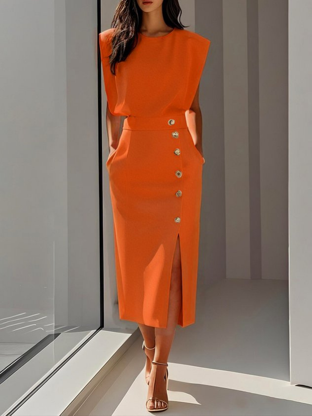 Demi – Sleeveless Stretch Midi Dress with Front Buttons and Side Slit