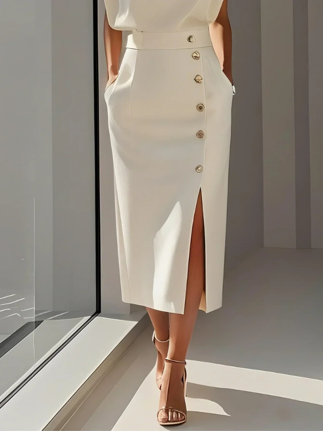 Demi – Sleeveless Stretch Midi Dress with Front Buttons and Side Slit