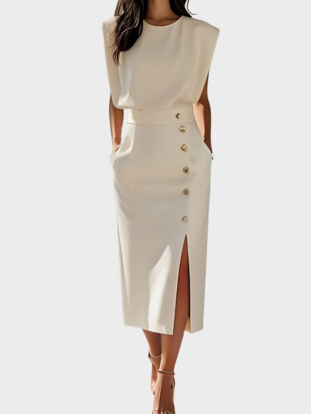 Demi – Sleeveless Stretch Midi Dress with Front Buttons and Side Slit