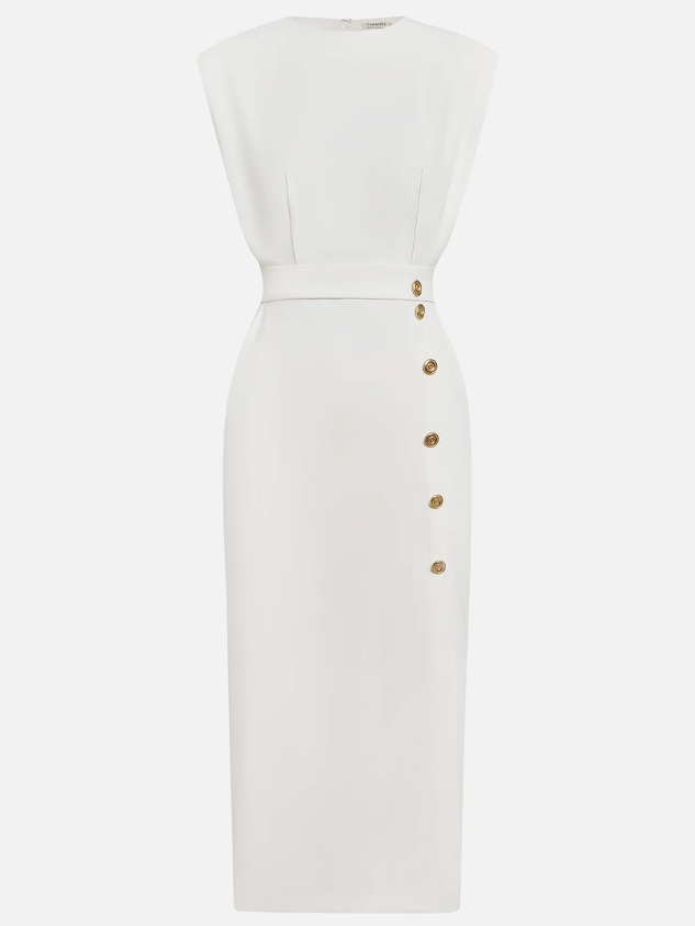 Demi – Sleeveless Stretch Midi Dress with Front Buttons and Side Slit