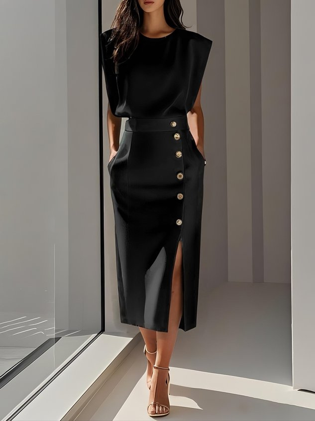 Demi – Sleeveless Stretch Midi Dress with Front Buttons and Side Slit