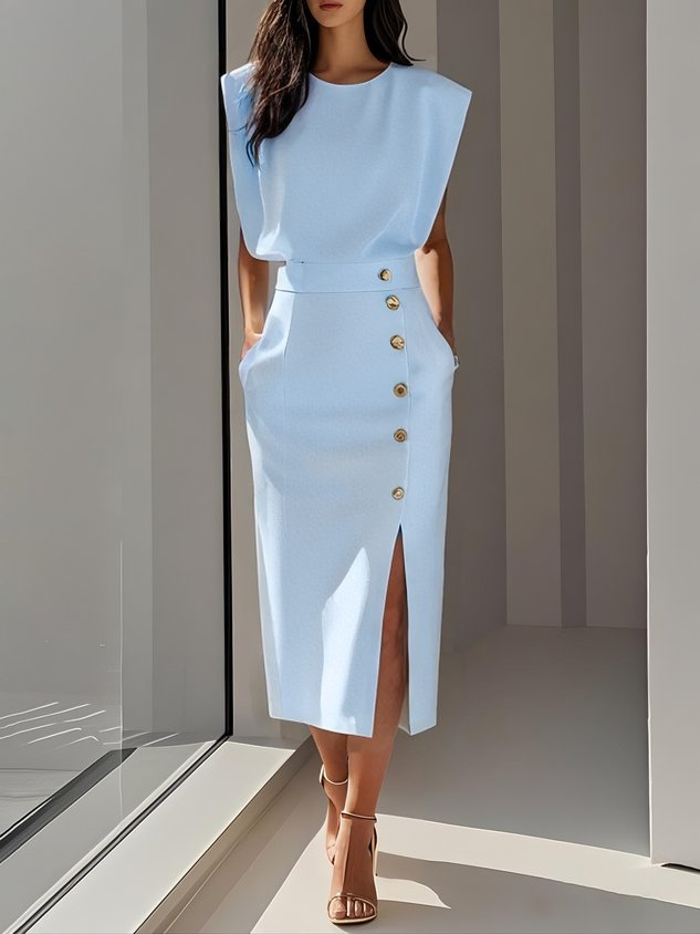 Demi – Sleeveless Stretch Midi Dress with Front Buttons and Side Slit