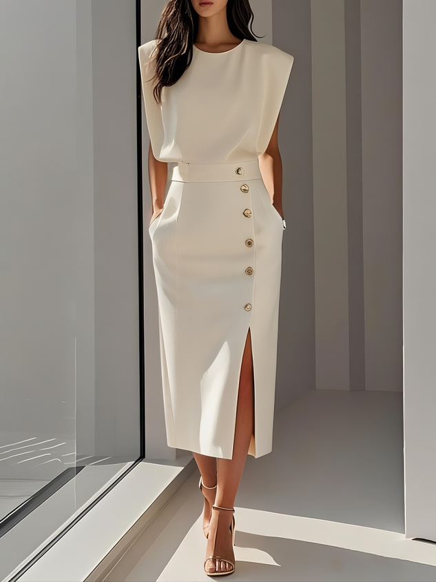 Demi – Sleeveless Stretch Midi Dress with Front Buttons and Side Slit