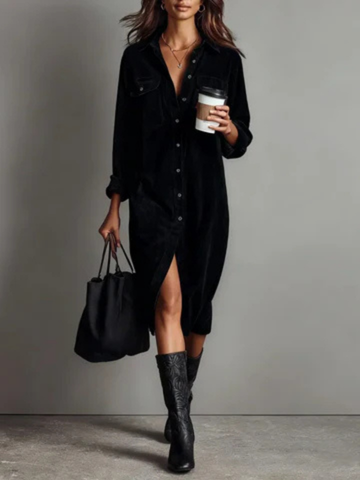 Demi – Velvet Button-Front Dress with Chest Pocket