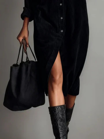 Demi – Velvet Button-Front Dress with Chest Pocket
