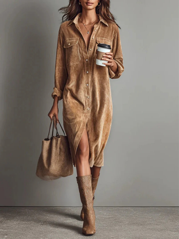 Demi – Velvet Button-Front Dress with Chest Pocket