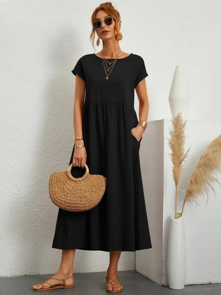 Delilah – Cotton Midi Dress with Cap Sleeves and Gathered Waist