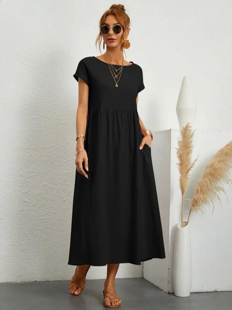 Delilah – Cotton Midi Dress with Cap Sleeves and Gathered Waist