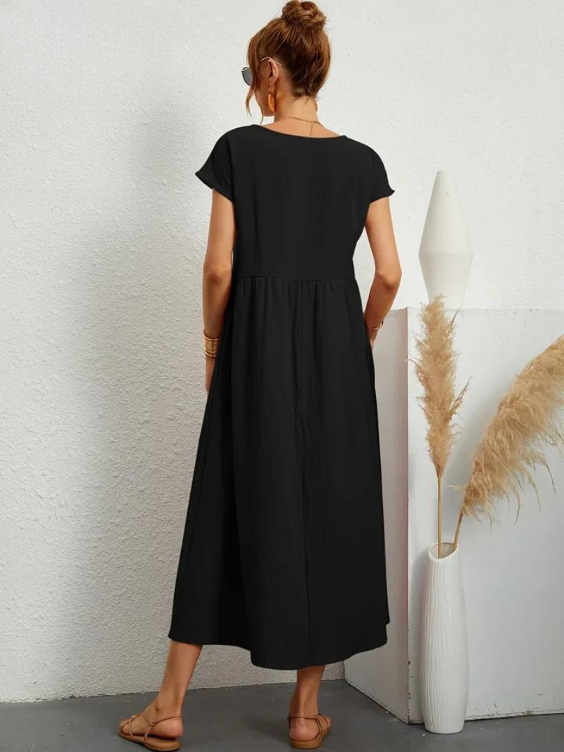 Delilah – Cotton Midi Dress with Cap Sleeves and Gathered Waist