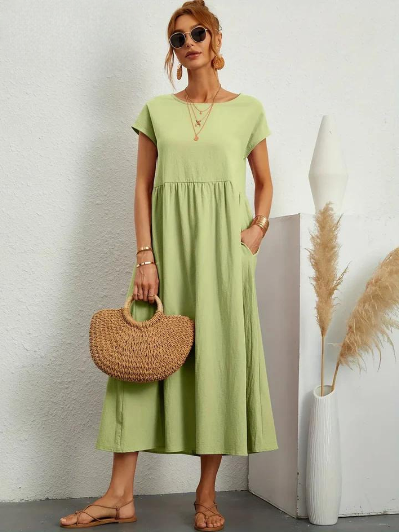 Delilah – Cotton Midi Dress with Cap Sleeves and Gathered Waist