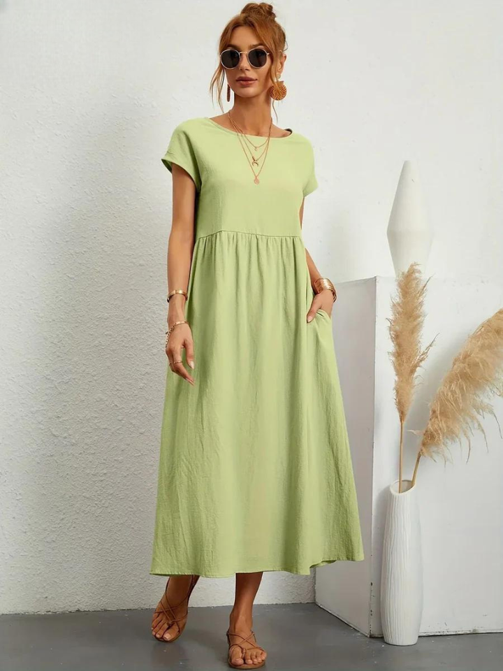 Delilah – Cotton Midi Dress with Cap Sleeves and Gathered Waist