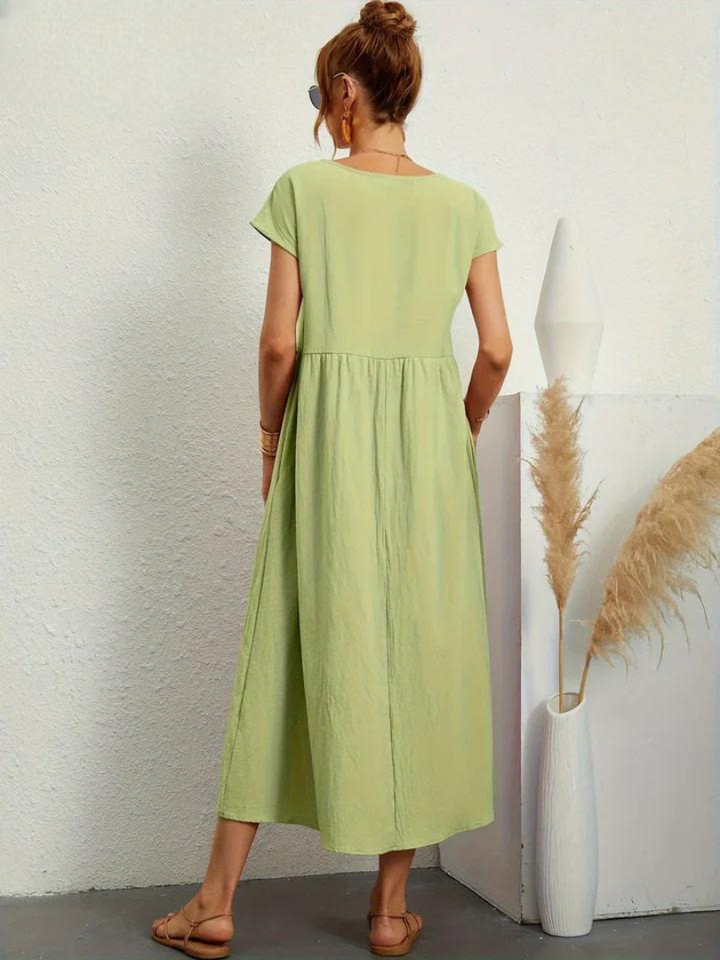 Delilah – Cotton Midi Dress with Cap Sleeves and Gathered Waist