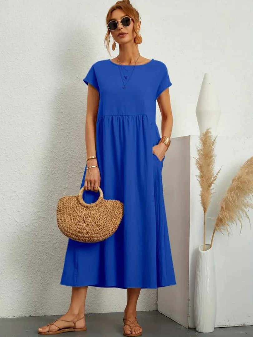 Delilah – Cotton Midi Dress with Cap Sleeves and Gathered Waist