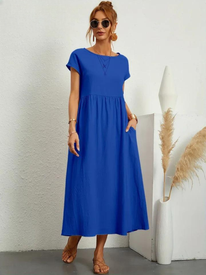 Delilah – Cotton Midi Dress with Cap Sleeves and Gathered Waist