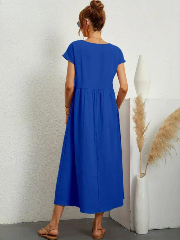 Delilah – Cotton Midi Dress with Cap Sleeves and Gathered Waist