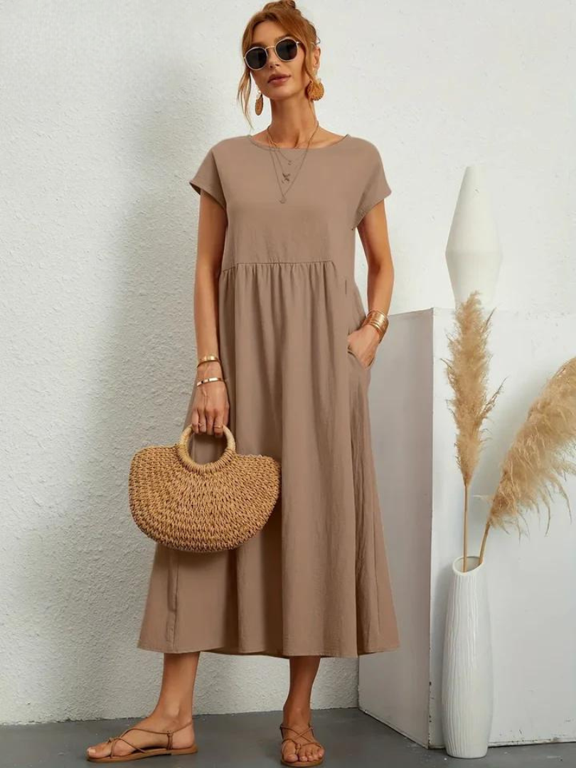 Delilah – Cotton Midi Dress with Cap Sleeves and Gathered Waist