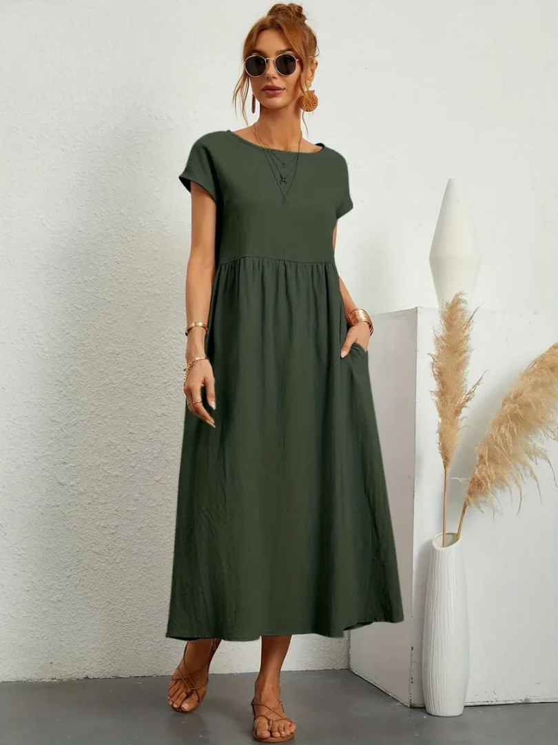 Delilah – Cotton Midi Dress with Cap Sleeves and Gathered Waist