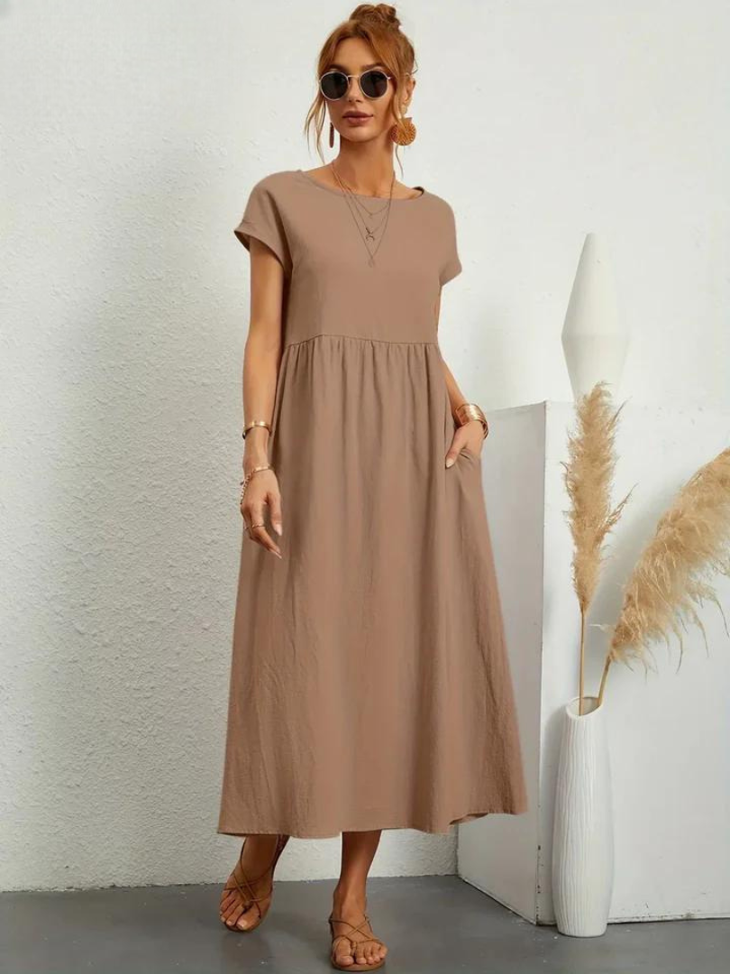 Delilah – Cotton Midi Dress with Cap Sleeves and Gathered Waist
